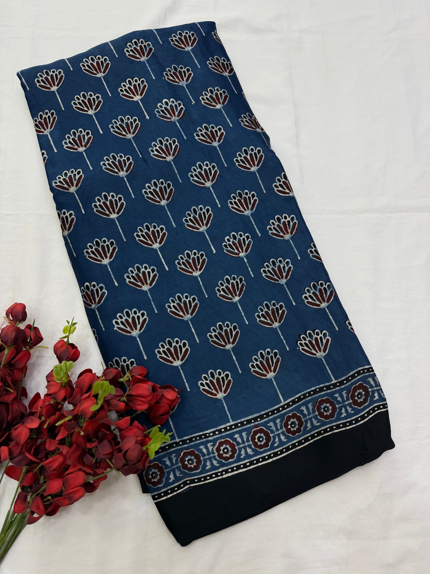 Neel Phool Ajrakh Print Modal Silk Saree