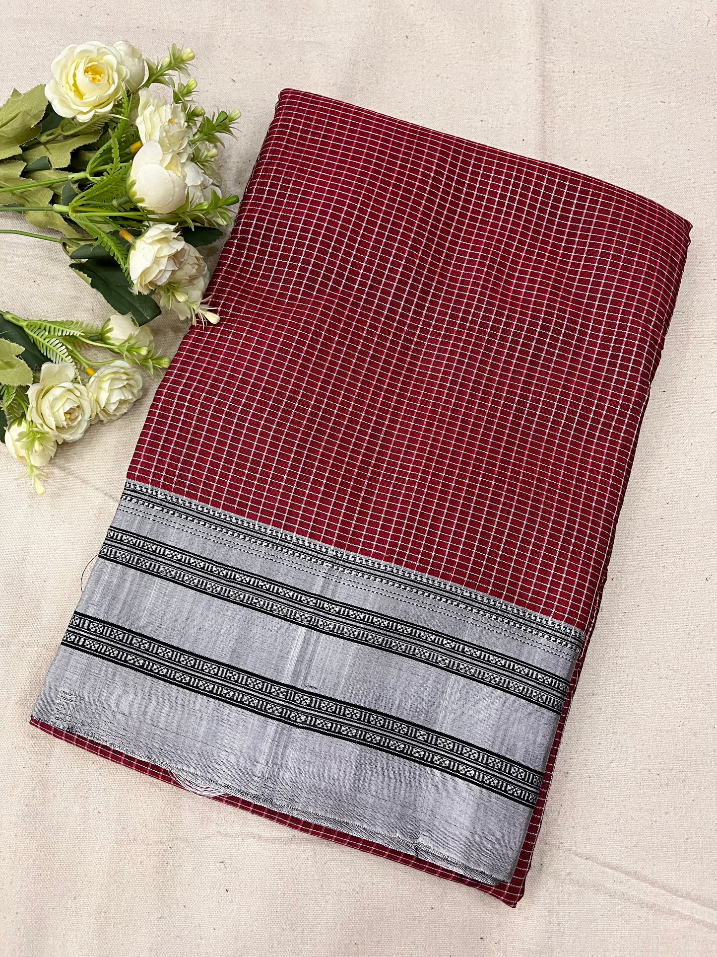 Maroon Grey Checks Kondi Ilkal Saree