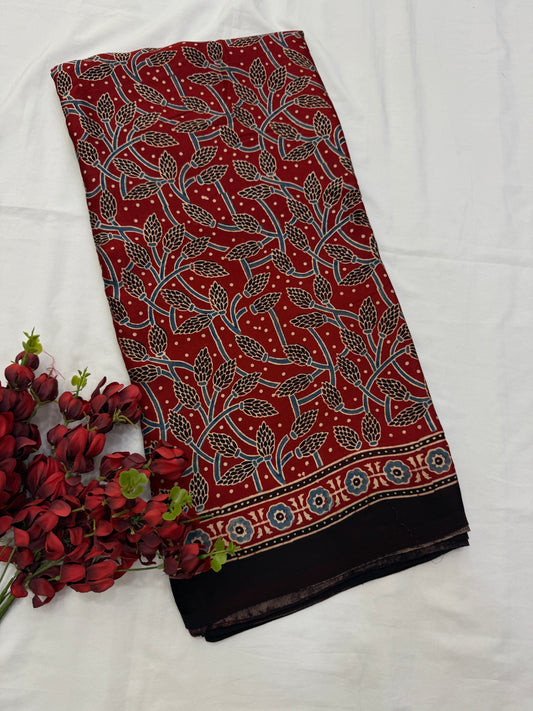Lal Jaal Ajrakh Print Modal Silk Saree