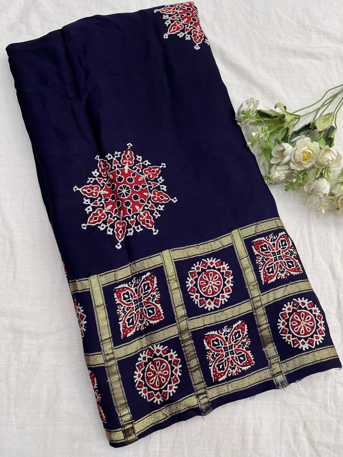 Navy Blue Ajrakh Gharchola Border Modal Silk Saree