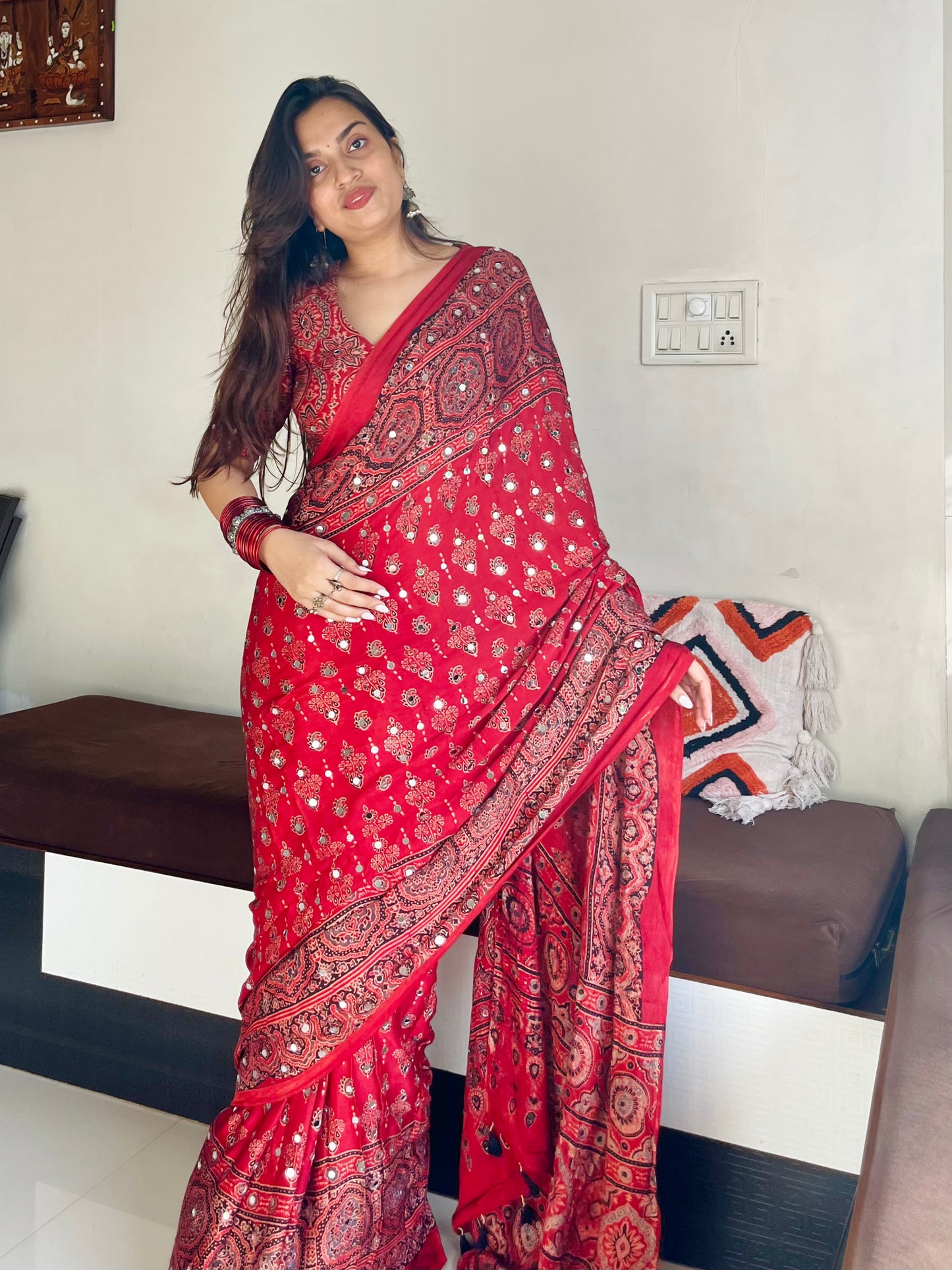 Chitra Red Ajrakh Mirror Work Saree Set (Pre Order - Dispatch Starts 15th Sept 2026)