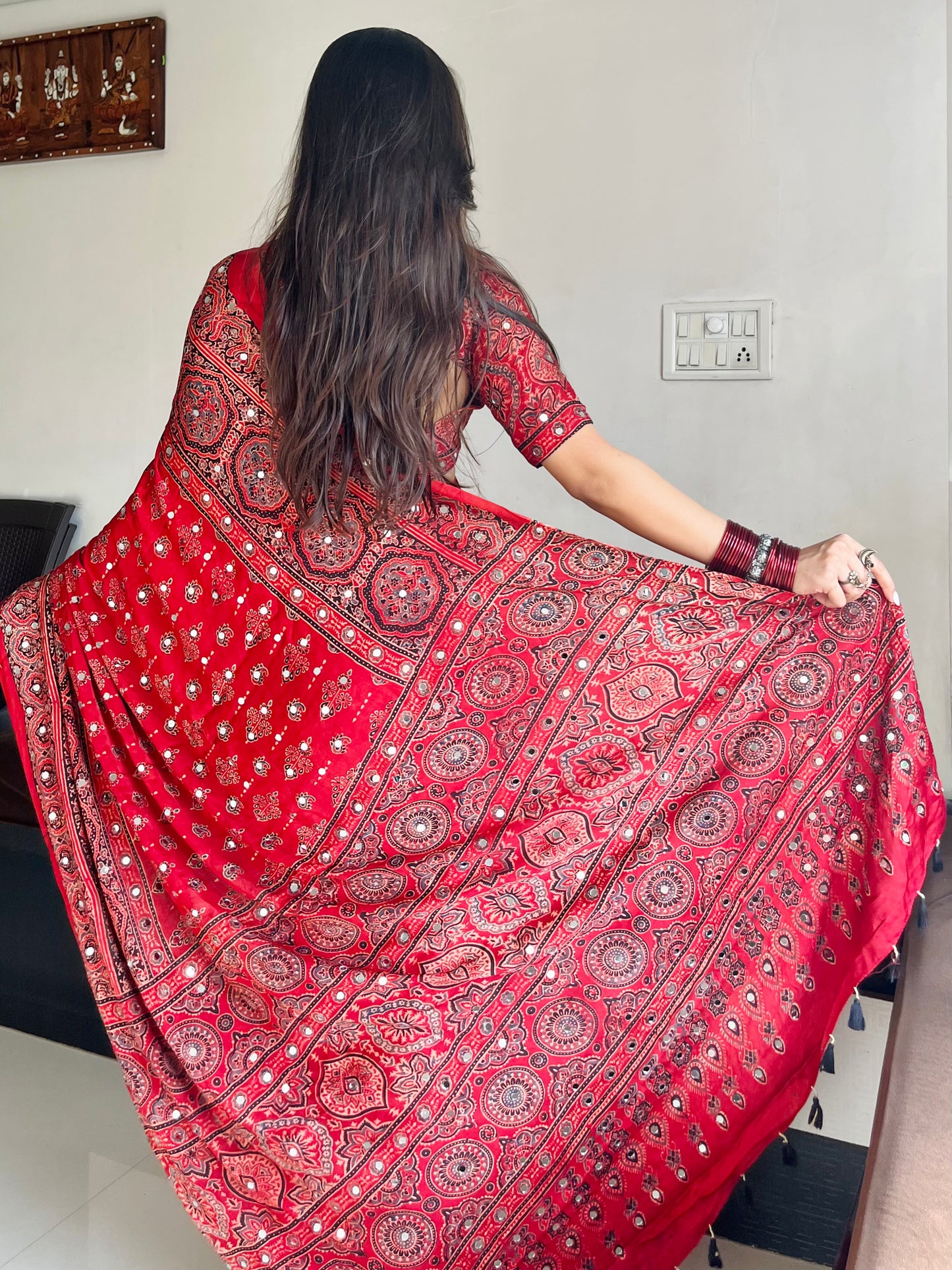 Chitra Red Ajrakh Mirror Work Saree Set (Pre Order - Dispatch Starts 15th Sept 2026)
