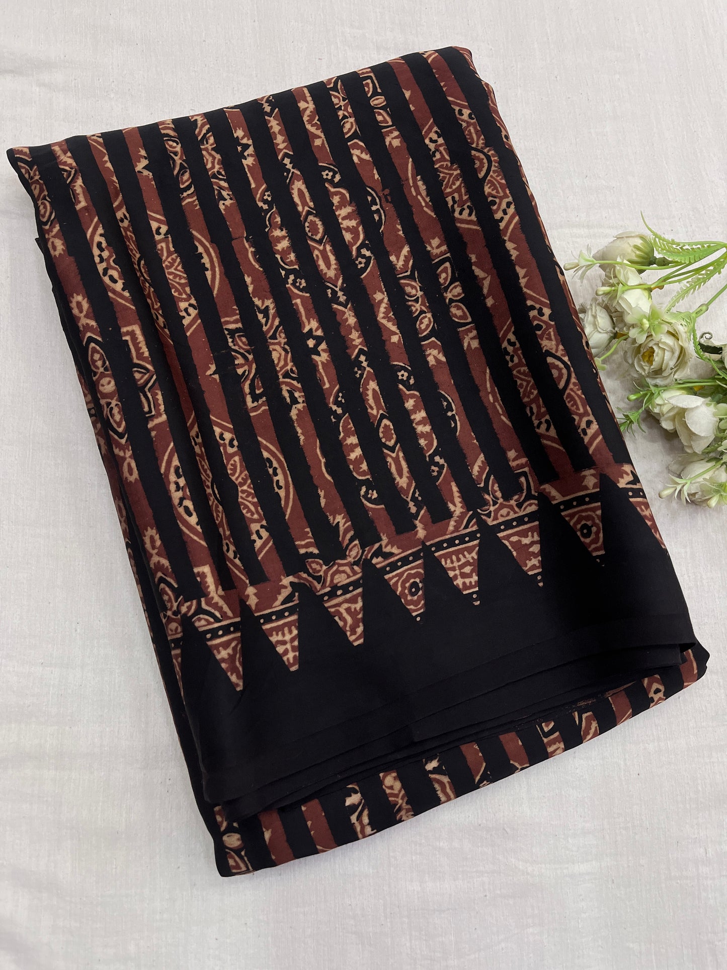 Creamy Dots Flower Ajrakh Print Modal Silk Saree