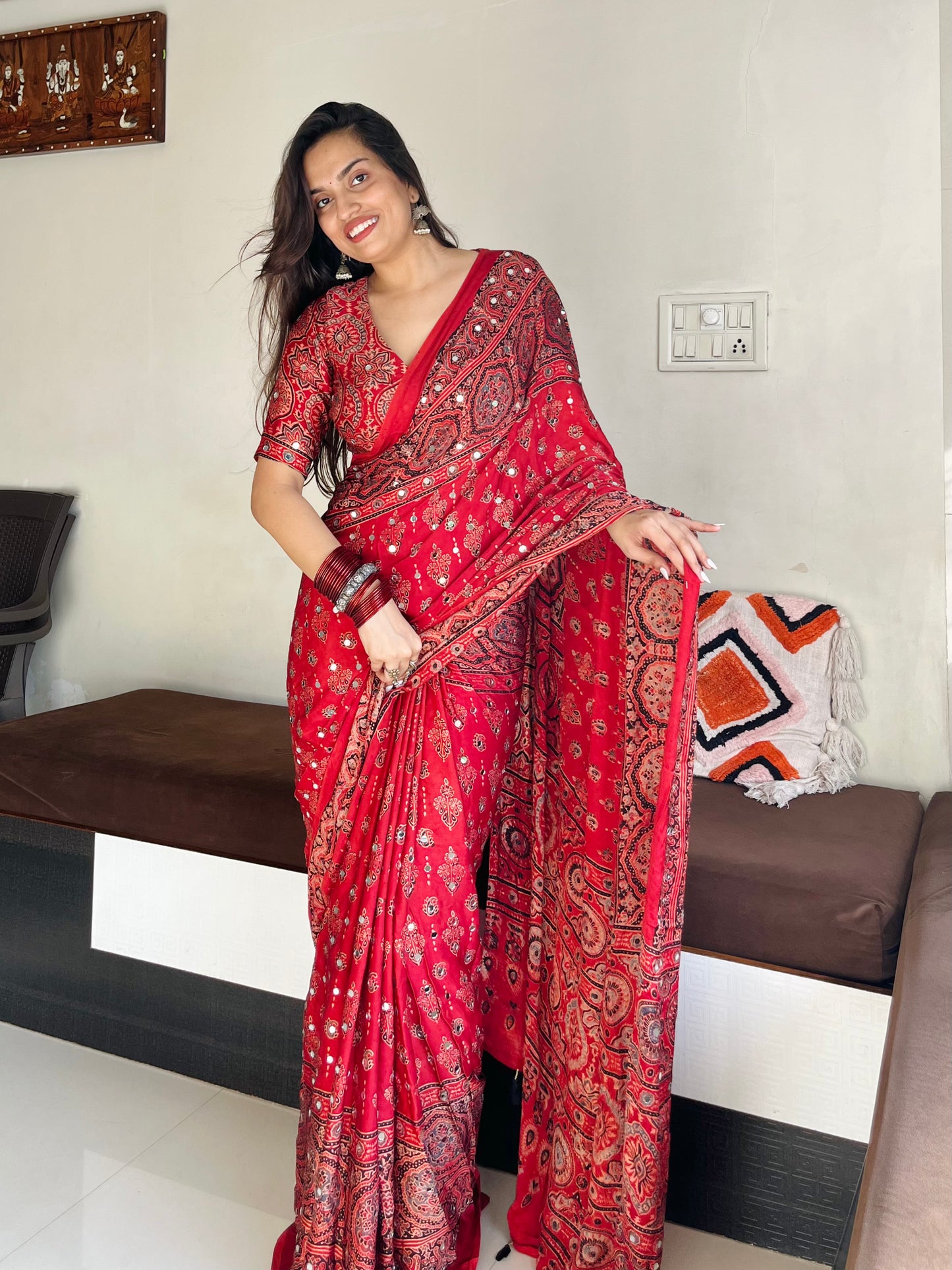 Chitra Red Ajrakh Mirror Work Saree Set (Pre Order - Dispatch Starts 15th Sept 2026)