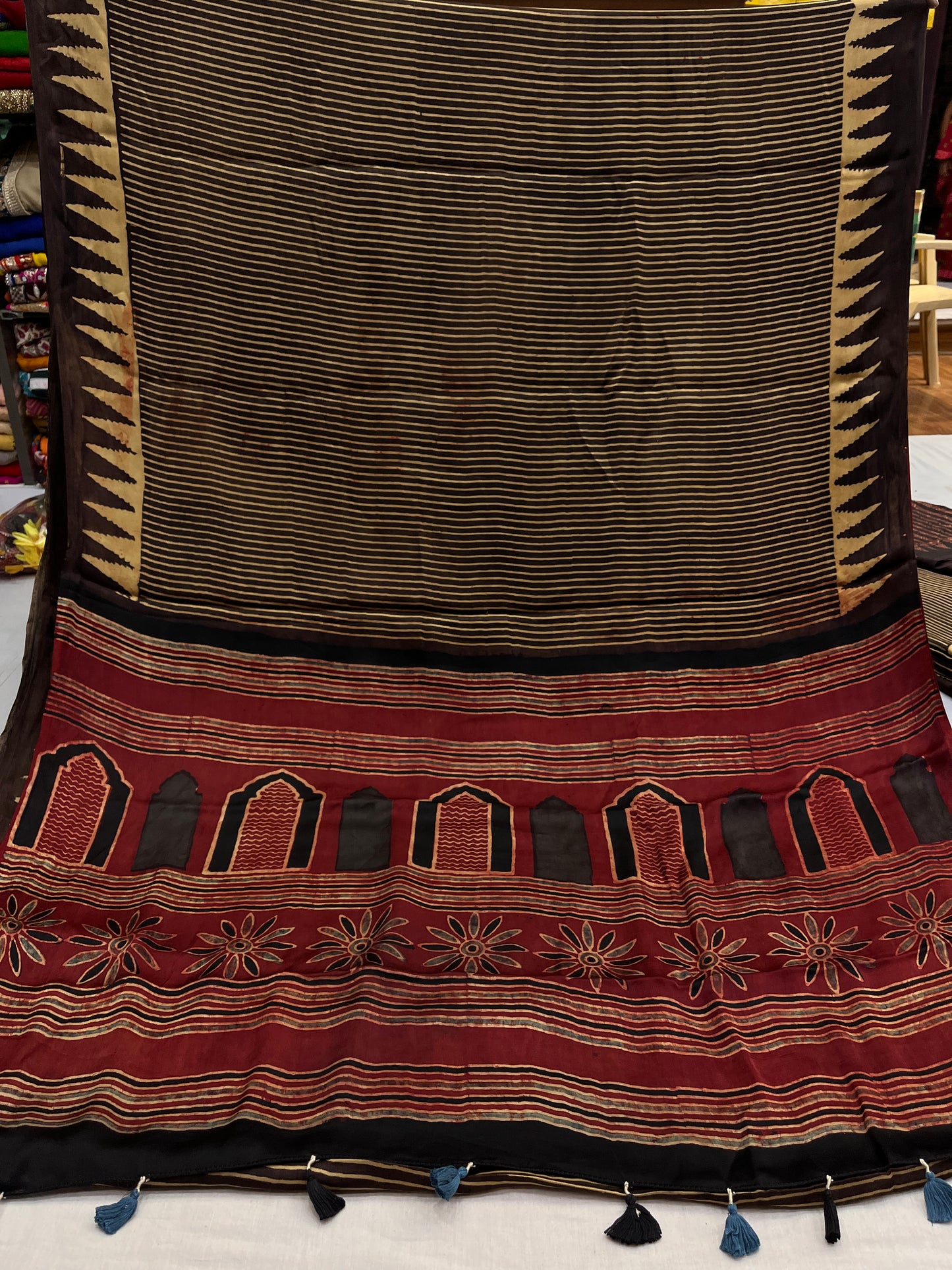 Surangini Stripes Ajrakh Print Modal Silk Saree