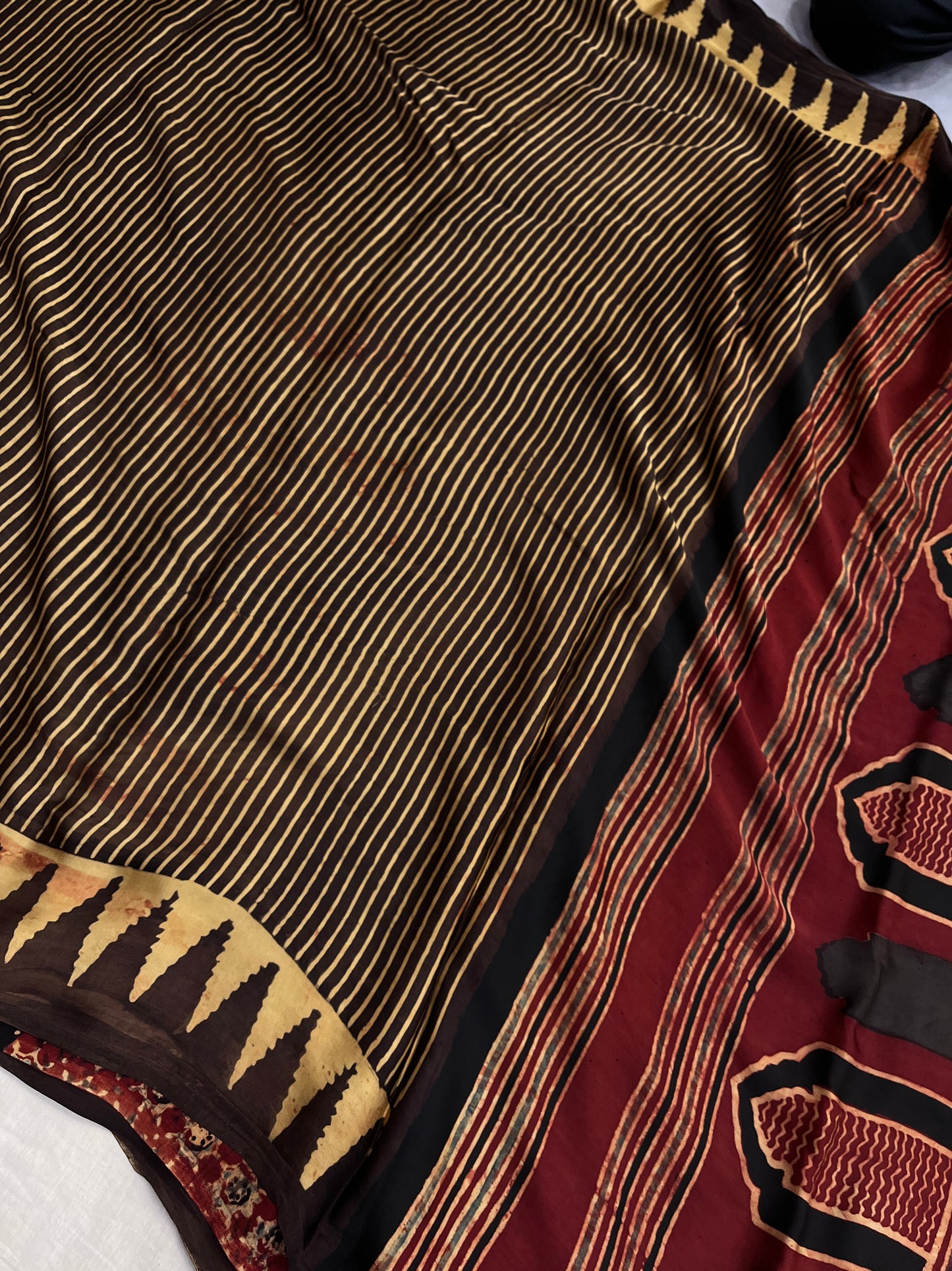 Surangini Stripes Ajrakh Print Modal Silk Saree