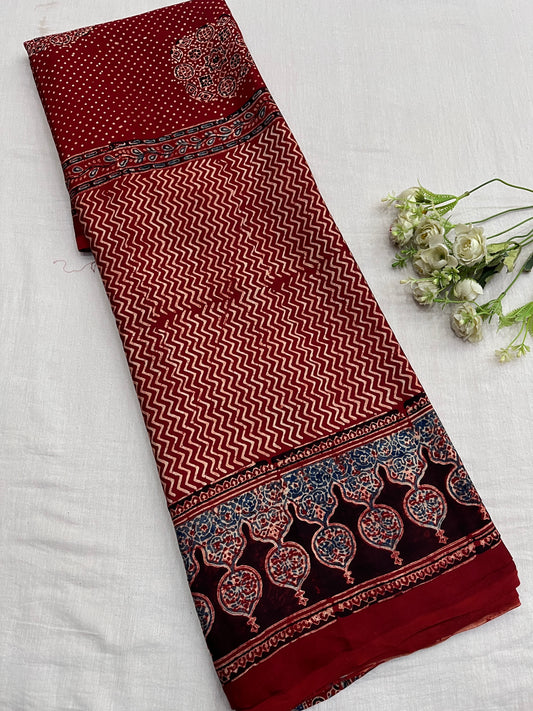 Lal Guldasta Ajrakh Print Modal Silk Saree