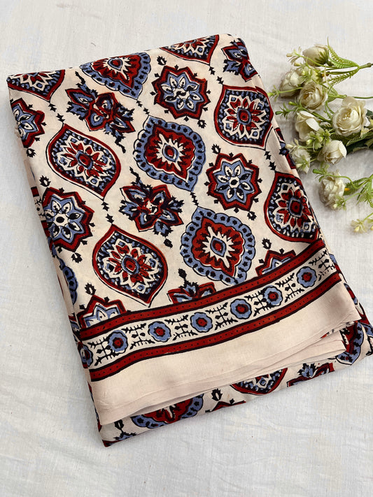 Creamy Badam Ajrakh Print Modal Silk Saree