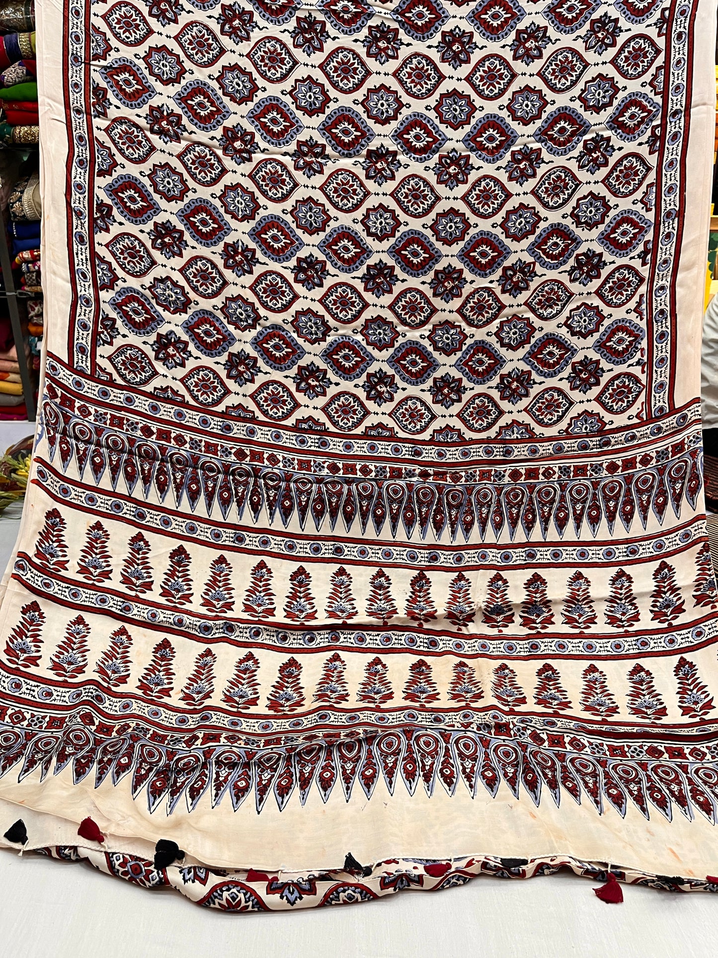 Creamy Badam Ajrakh Print Modal Silk Saree