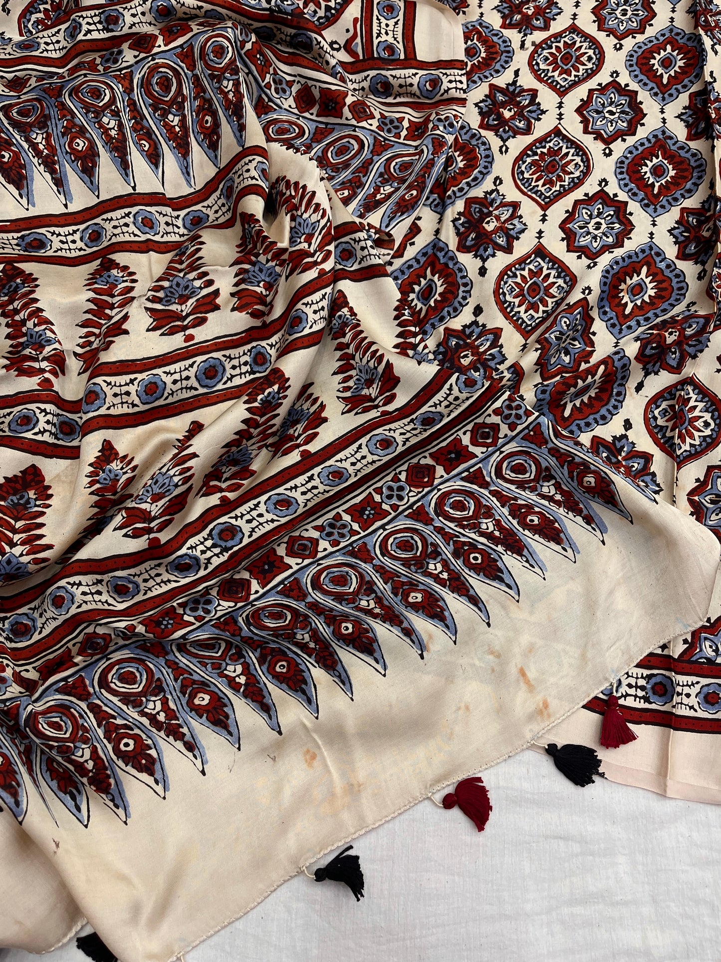 Creamy Badam Ajrakh Print Modal Silk Saree