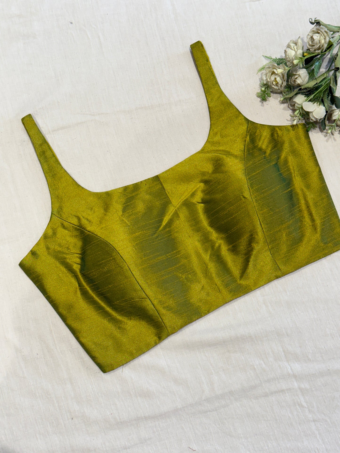 Olive Scoop Neck Raw Silk Blouse