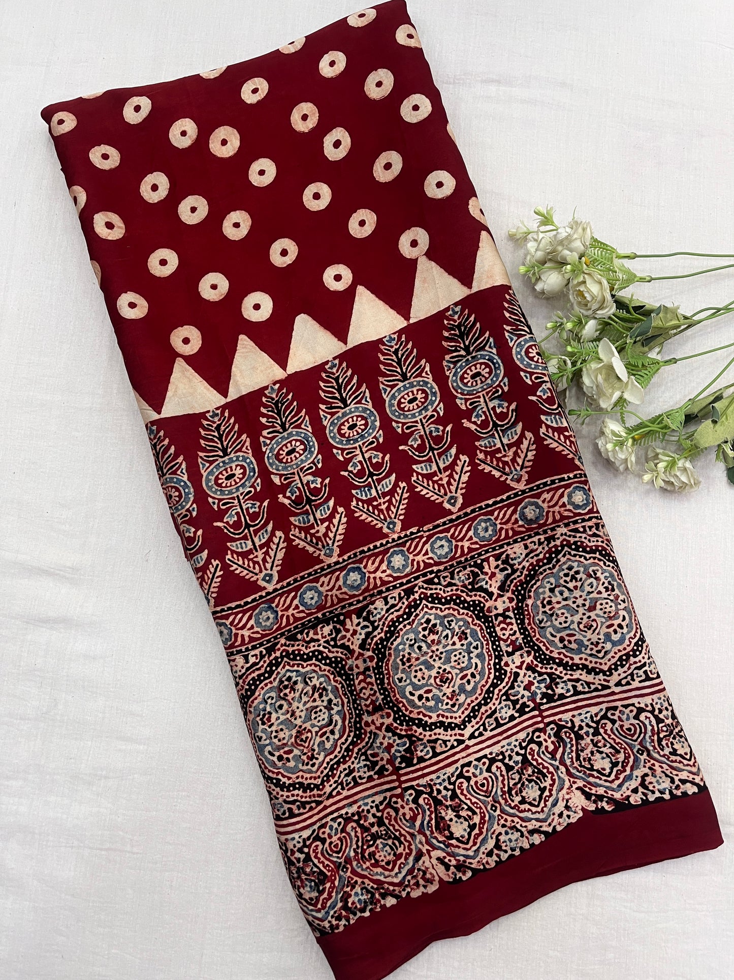 Laal-Pushp Ajrakh Print Modal Silk Saree