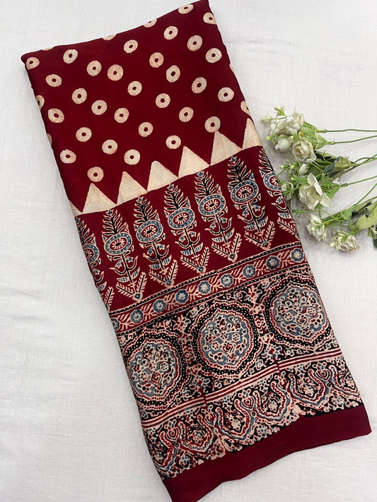 Laal-Pushp Ajrakh Print Modal Silk Saree