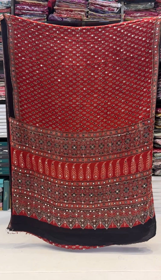 Kalyani Mirror Ajrakh Modal Silk Saree (Ready To Dispatch)