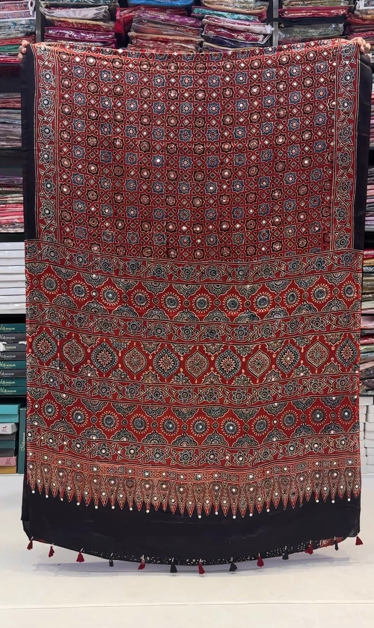 Madder Red Sopari Mirror Ajrakh Modal Silk Saree