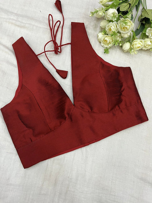 Maroon Cross Belt Raw Silk Sleeveless Blouse