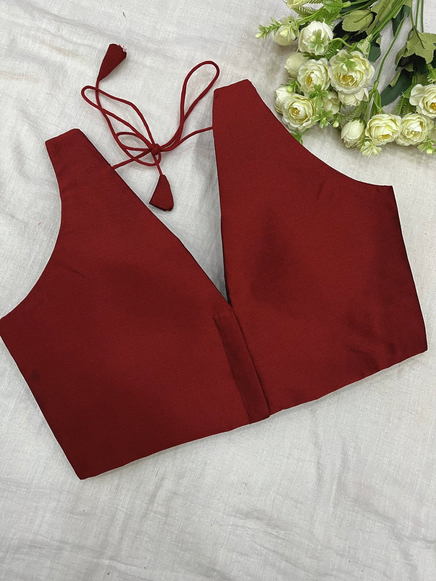 Maroon Cross Belt Raw Silk Sleeveless Blouse