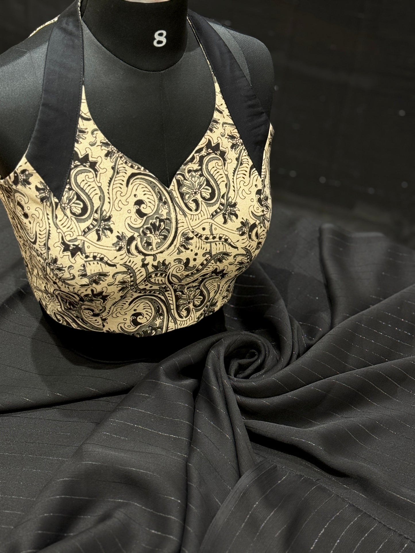 Black Chinon Saree & Kalamkari Halter Blouse Combo Set
