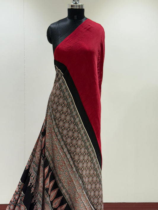 Ajrakh Plain Modal Silk Saree 19