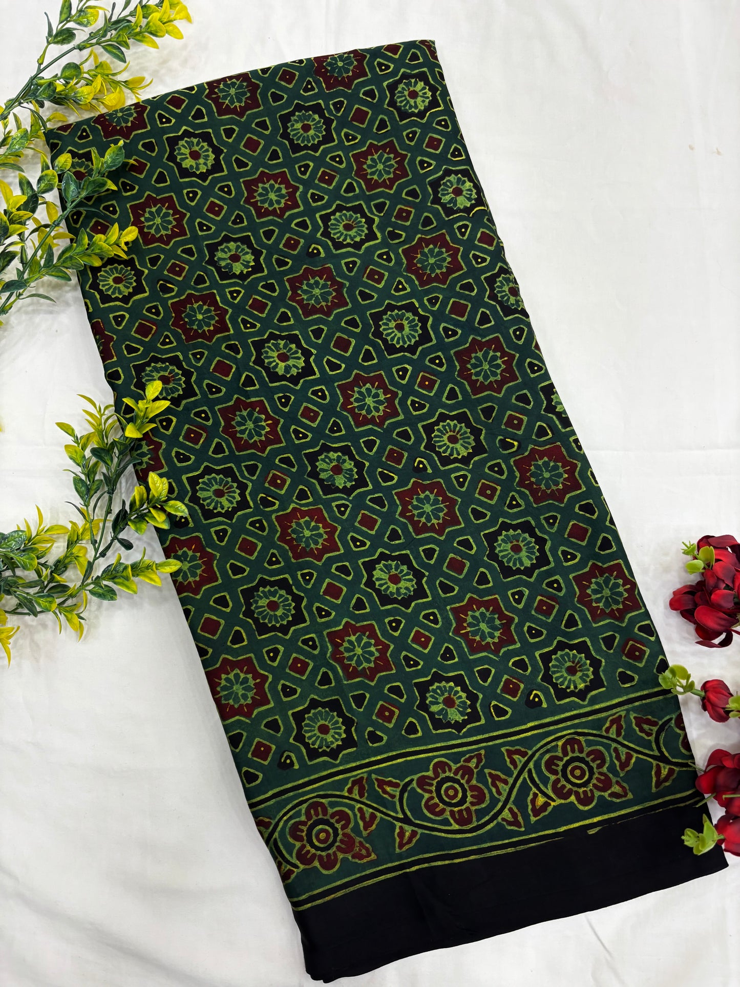 Green Chakri Ajrakh Print Modal Silk Saree