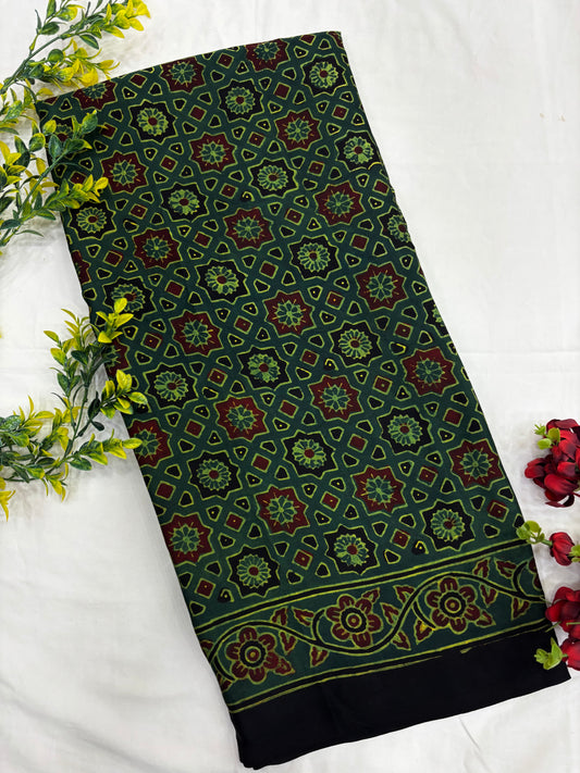 Green Chakri Ajrakh Print Modal Silk Saree