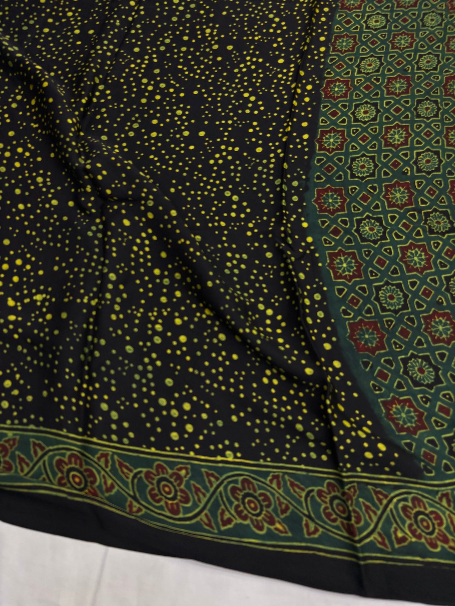 Green Chakri Ajrakh Print Modal Silk Saree