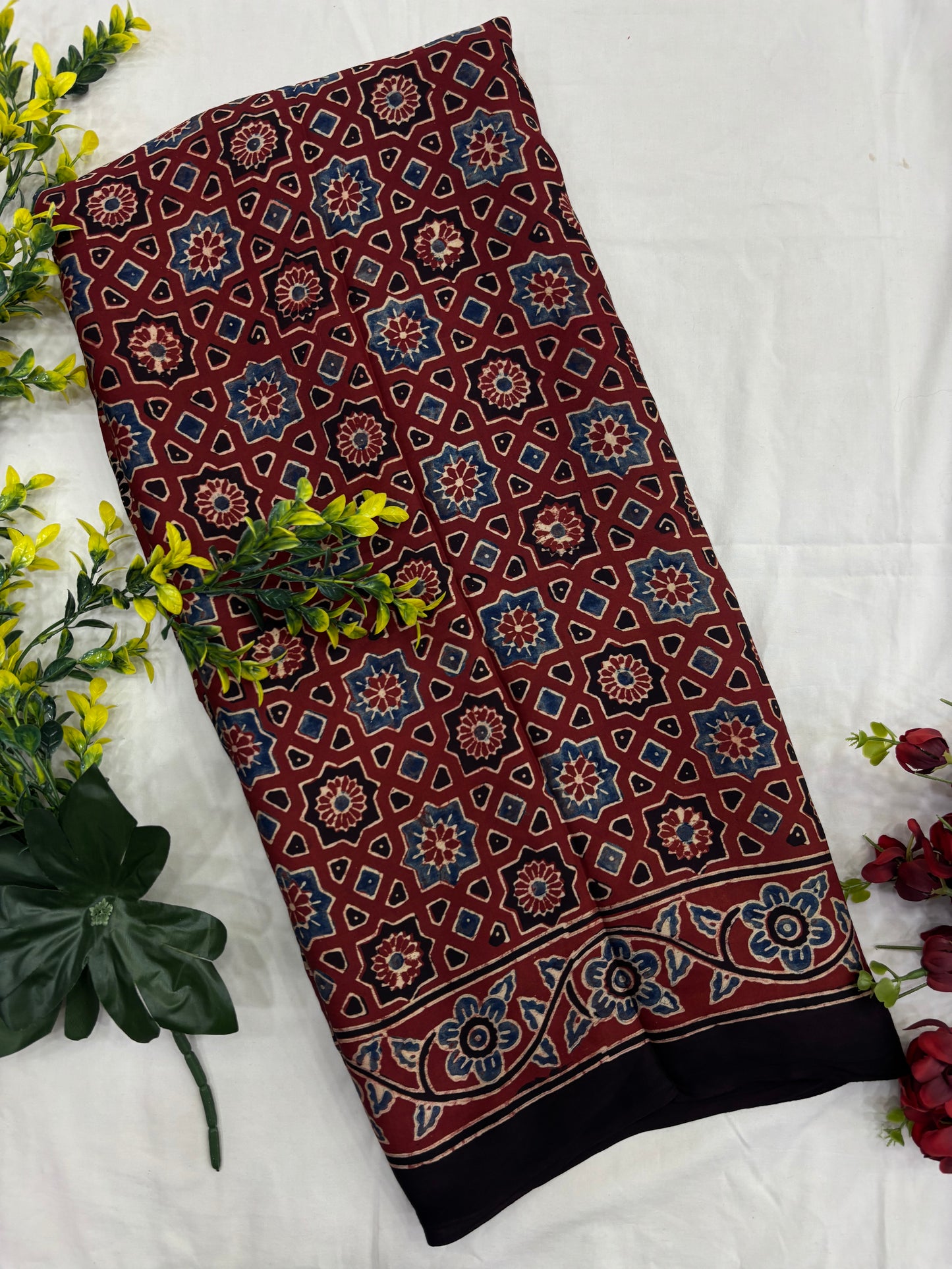 Mehroon Red Chakri Ajrakh Print Modal Silk Saree