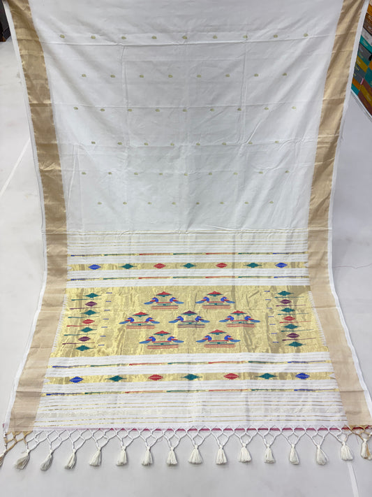 White Handloom Cotton Paithani Saree