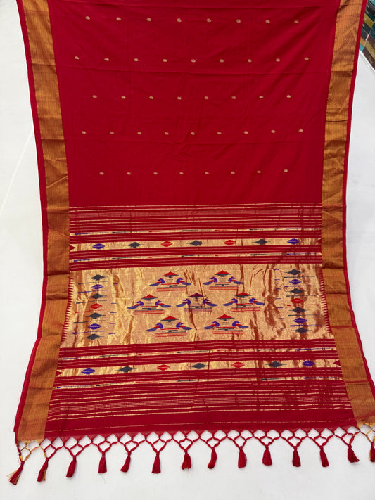 Red Handloom Cotton Paithani Saree
