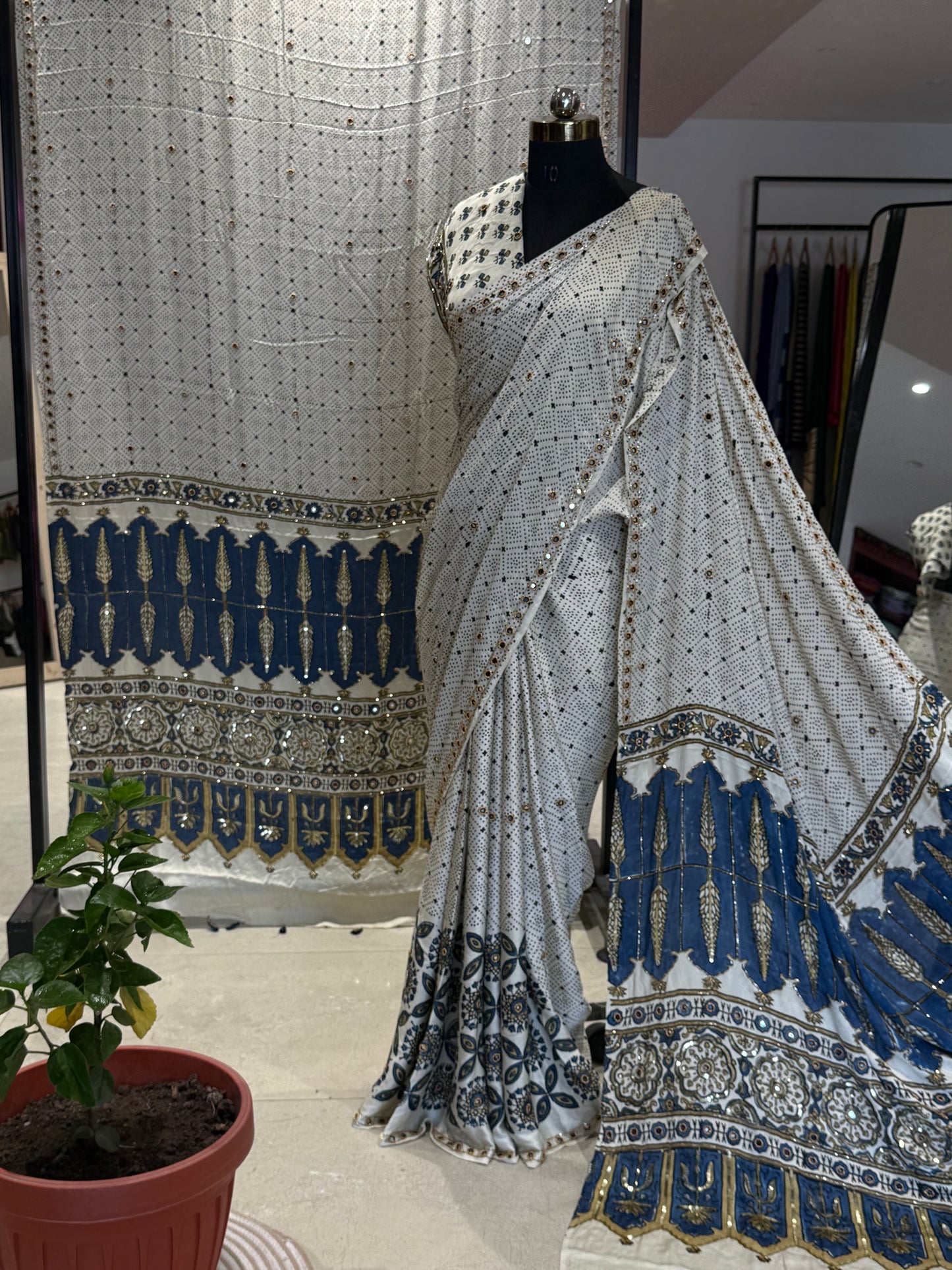 Shubhra Ajrakh Hand Work Saree
