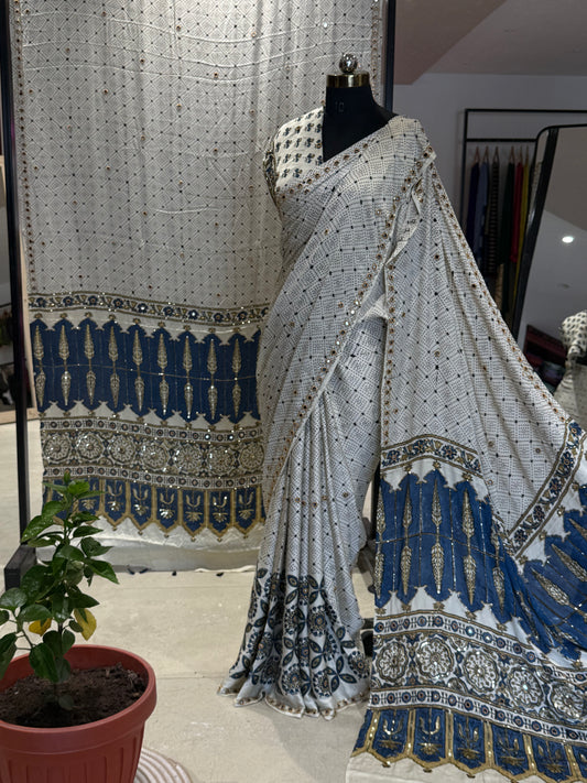 Shubhra Ajrakh Hand Work Saree (Pre Order - Dispatch Starts 15th Nov 2026)