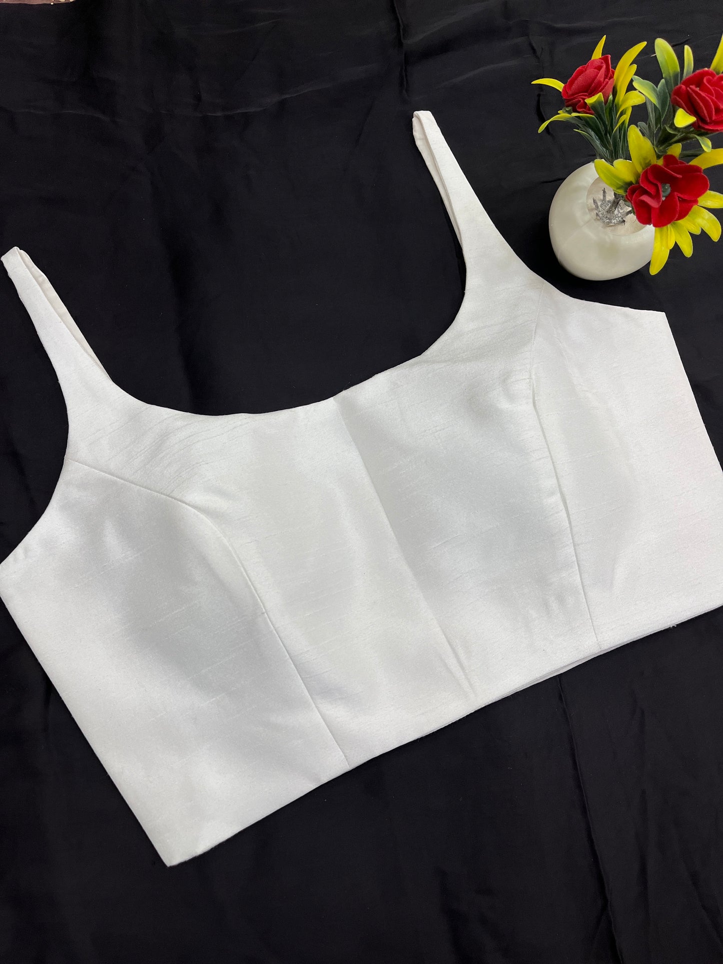 White Scoop Neck Raw Silk Blouse