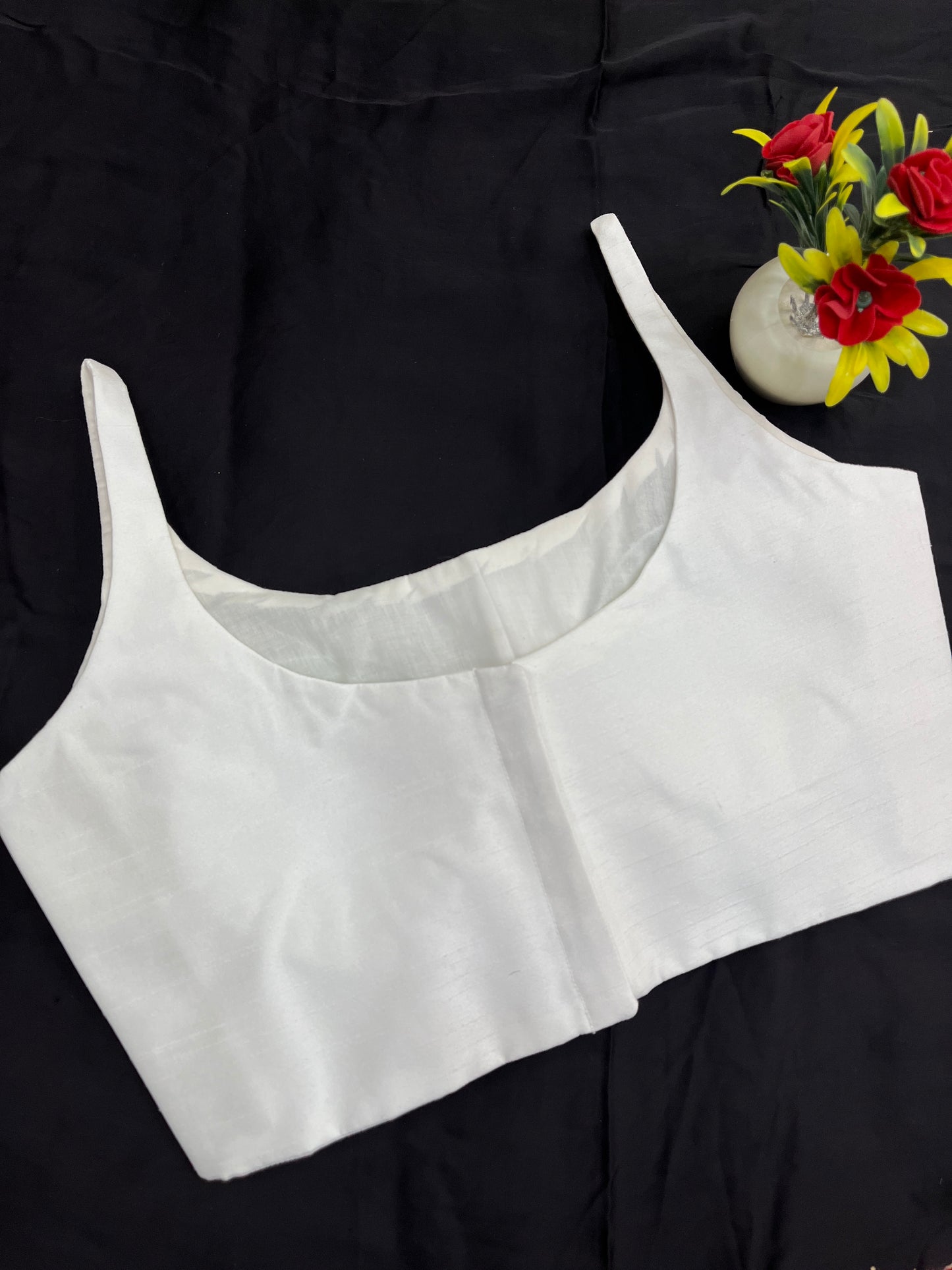 White Scoop Neck Raw Silk Blouse