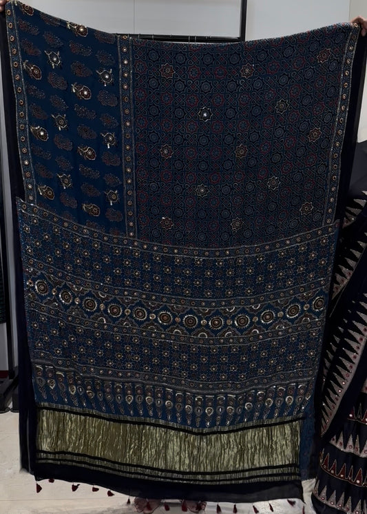Alia Blue Ajrakh Handwork Saree(Pre Order - Dispatch Starts 25th Oct 2026)