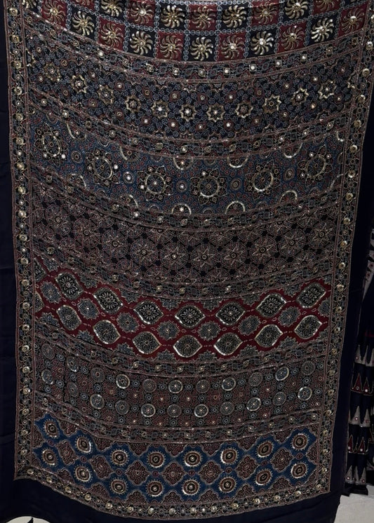 Mahima Blue Ajrakh Handwork Saree (Pre Order - Dispatch Starts 25th Oct 2026)