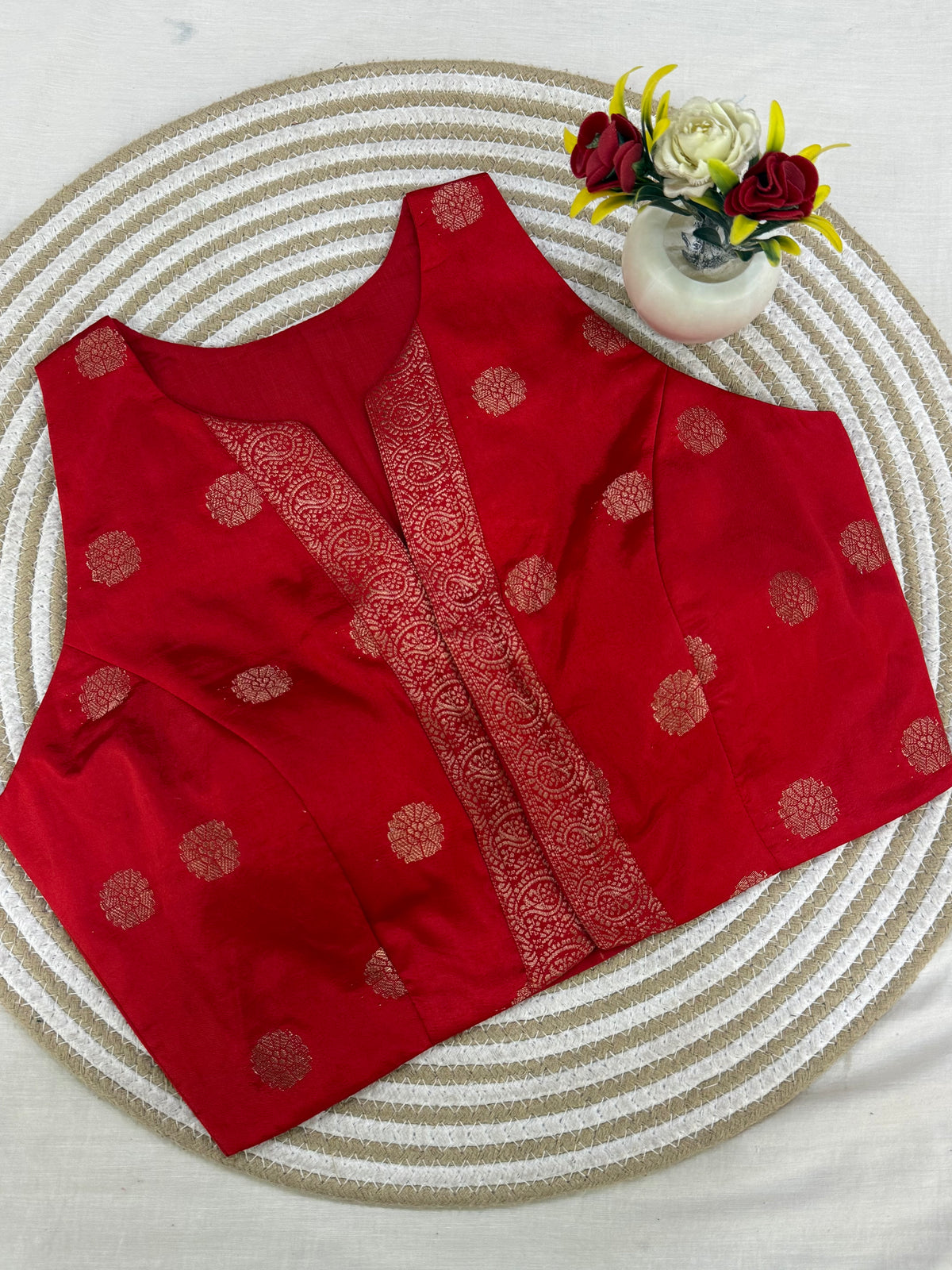 Red Silver Pujo Dupion Silk Blouse