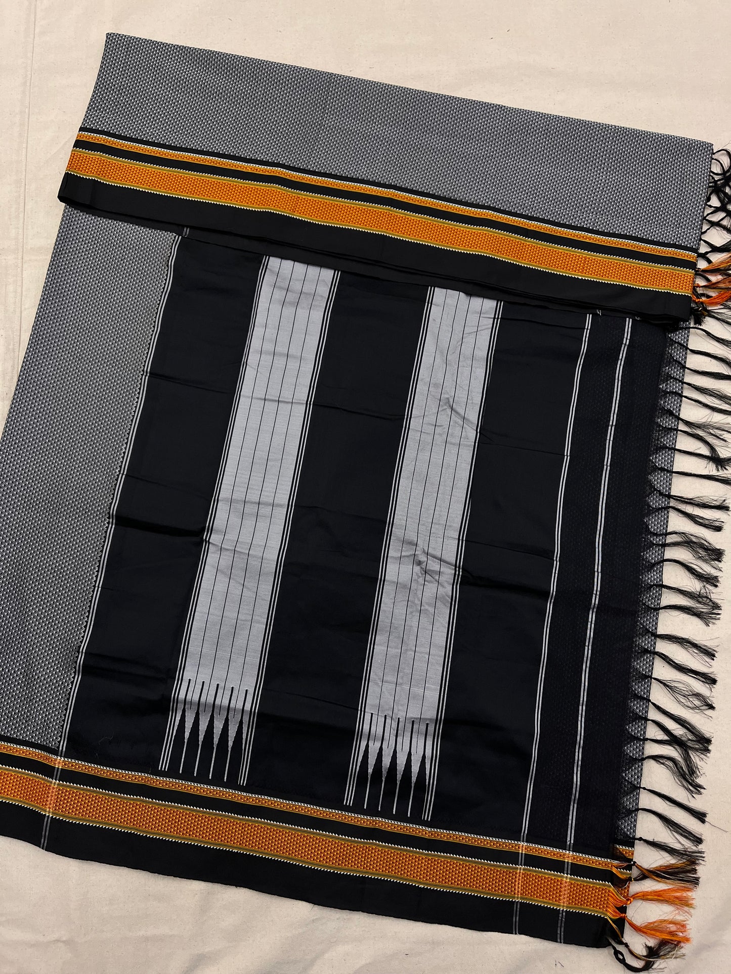 Grey Black Gold Border Khun Saree