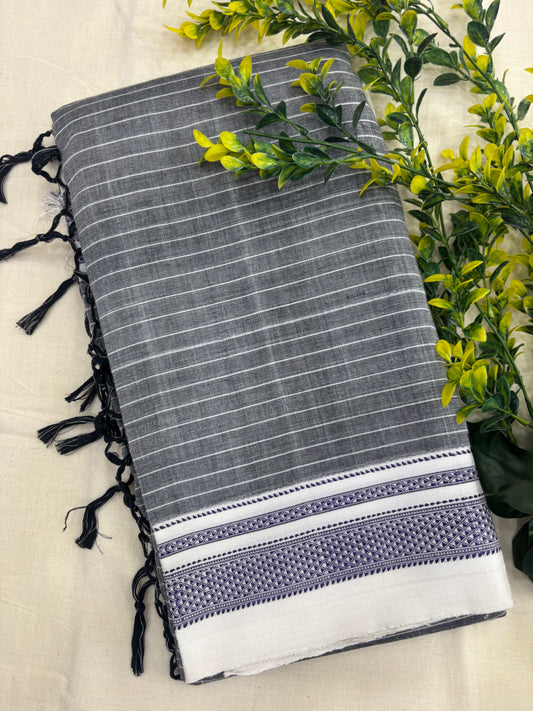 Grey White Stripe Handloom Ilkal Saree