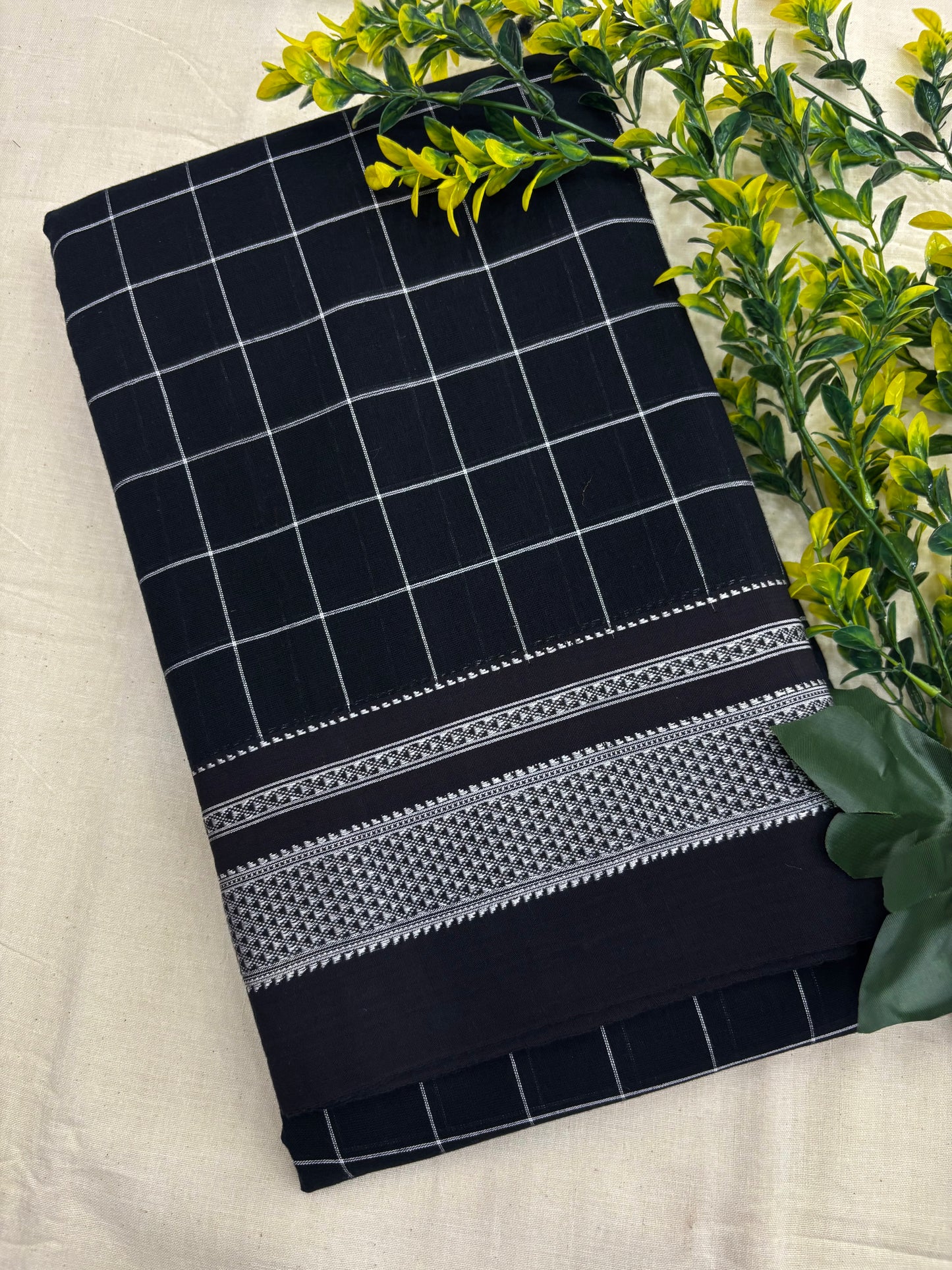 Black White Cotton Checks Handloom Ilkal Saree