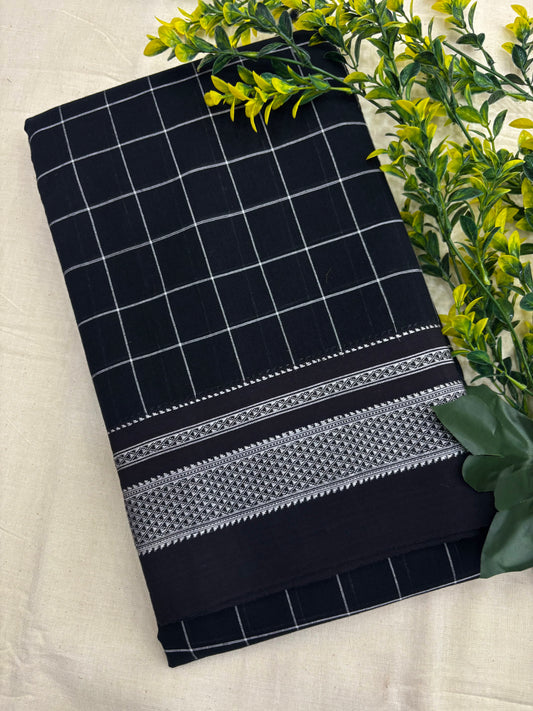 Black White Cotton Checks Handloom Ilkal Saree