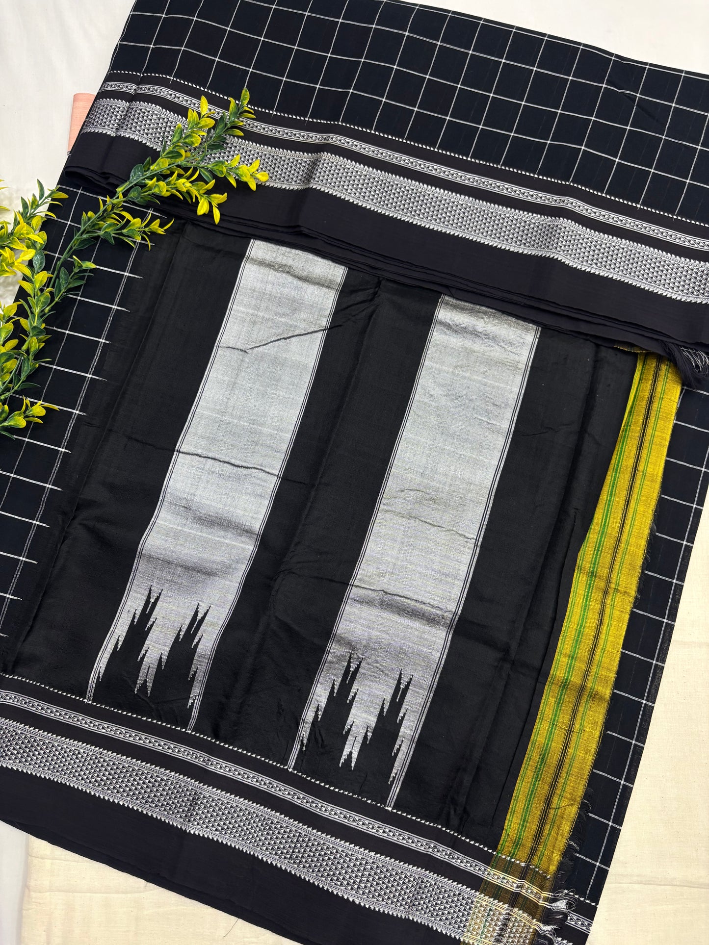 Black White Cotton Checks Handloom Ilkal Saree
