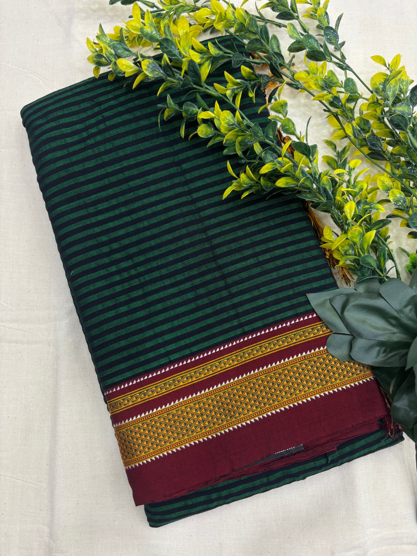Green Maroon Black Stripes Handloom Ilkal Saree