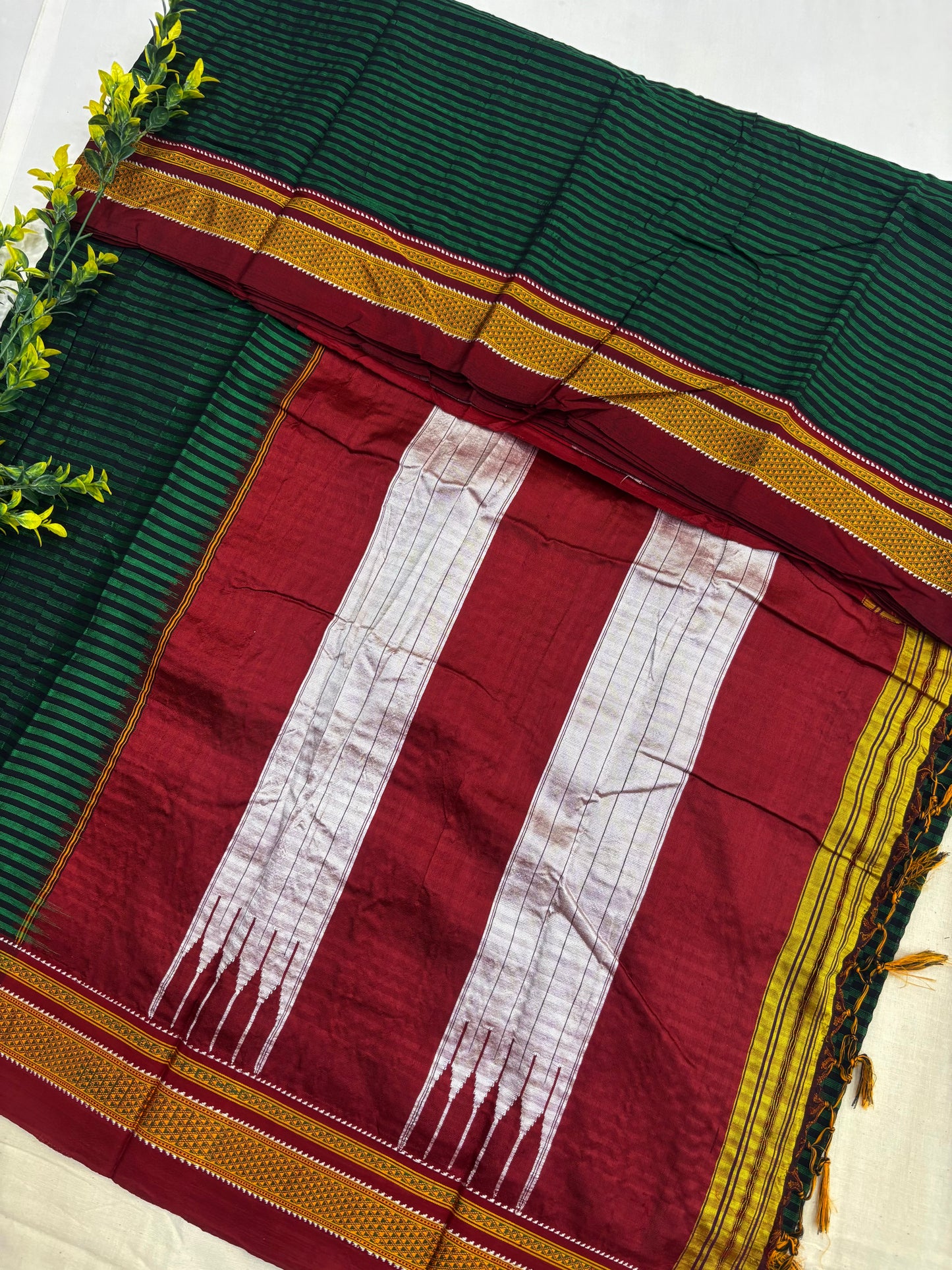 Green Maroon Black Stripes Handloom Ilkal Saree