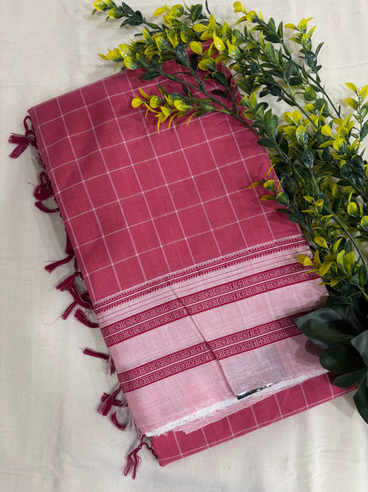 Pink White Handloom Ilkal Saree