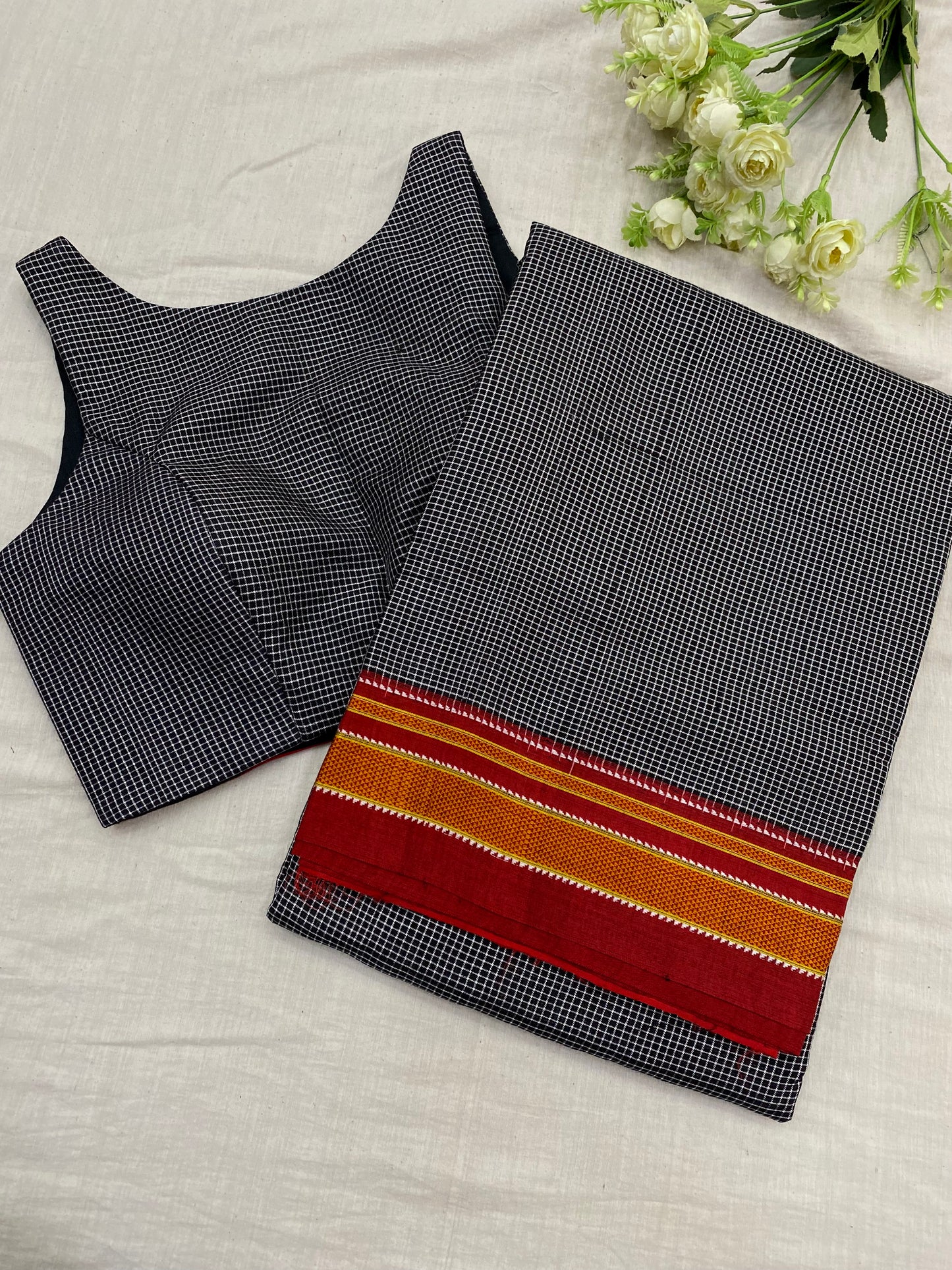 Black Red Ilkal Checks Saree Blouse Co-Ord Set