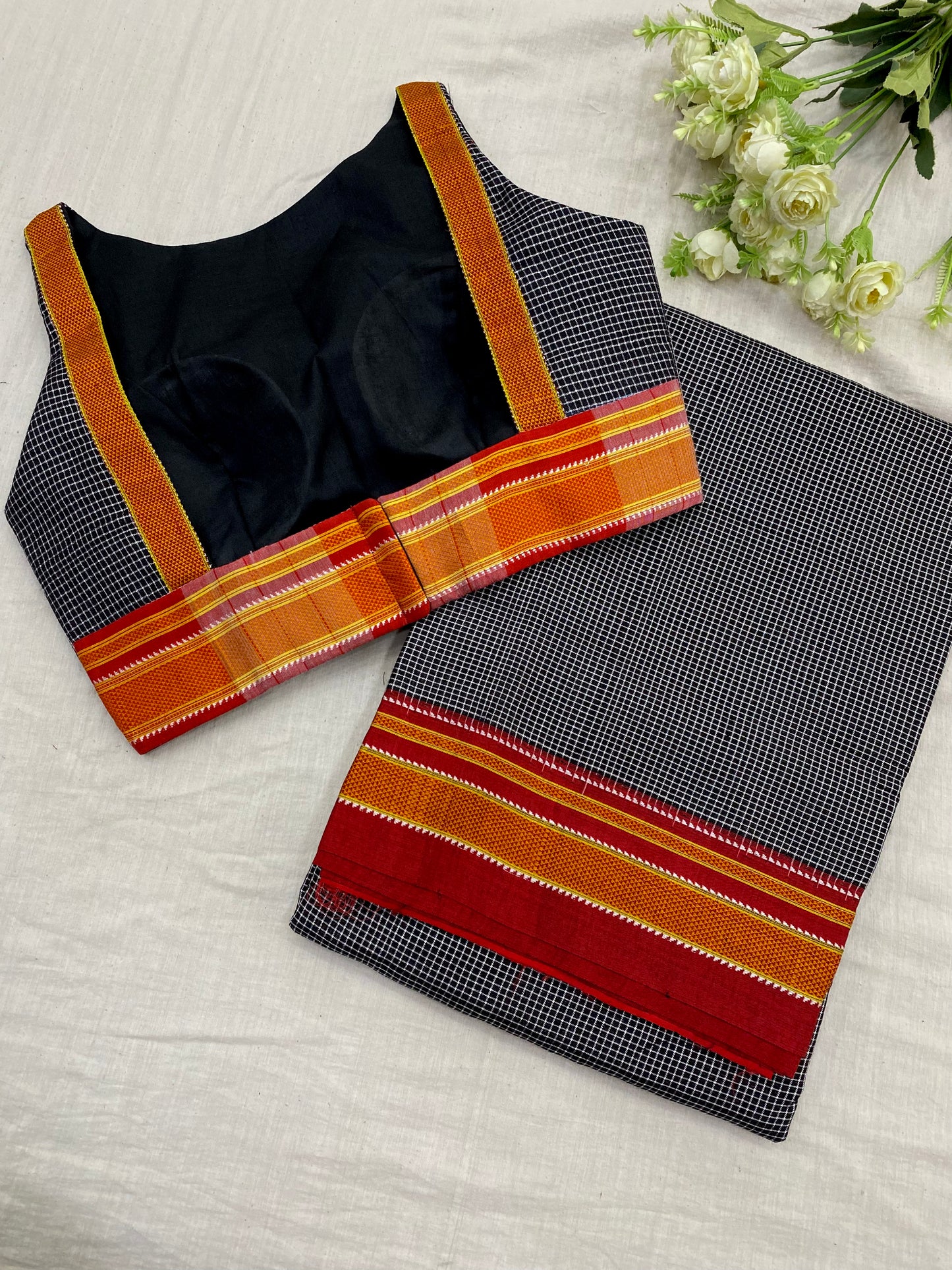 Black Red Ilkal Checks Saree Blouse Co-Ord Set