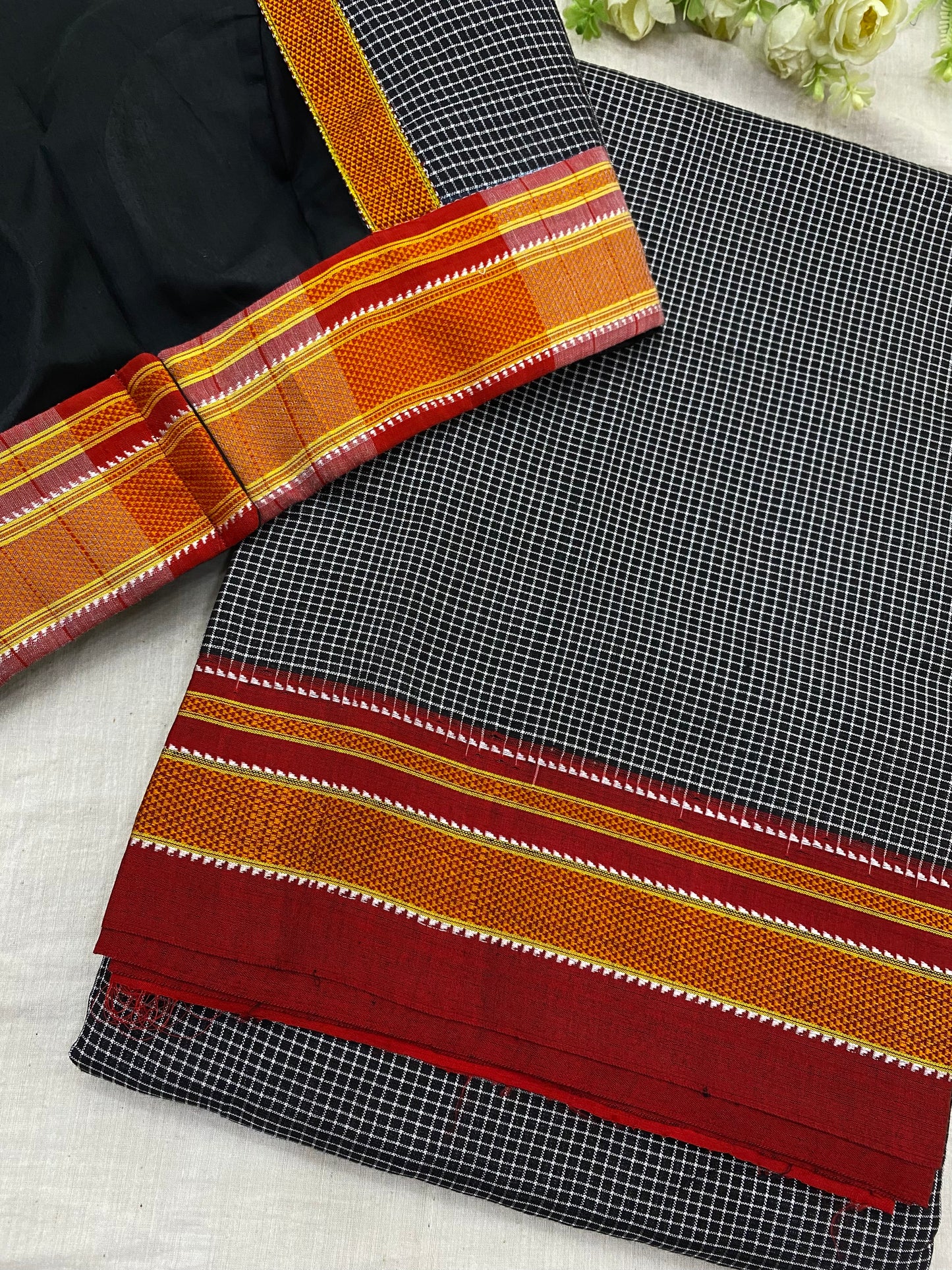 Black Red Ilkal Checks Saree Blouse Co-Ord Set