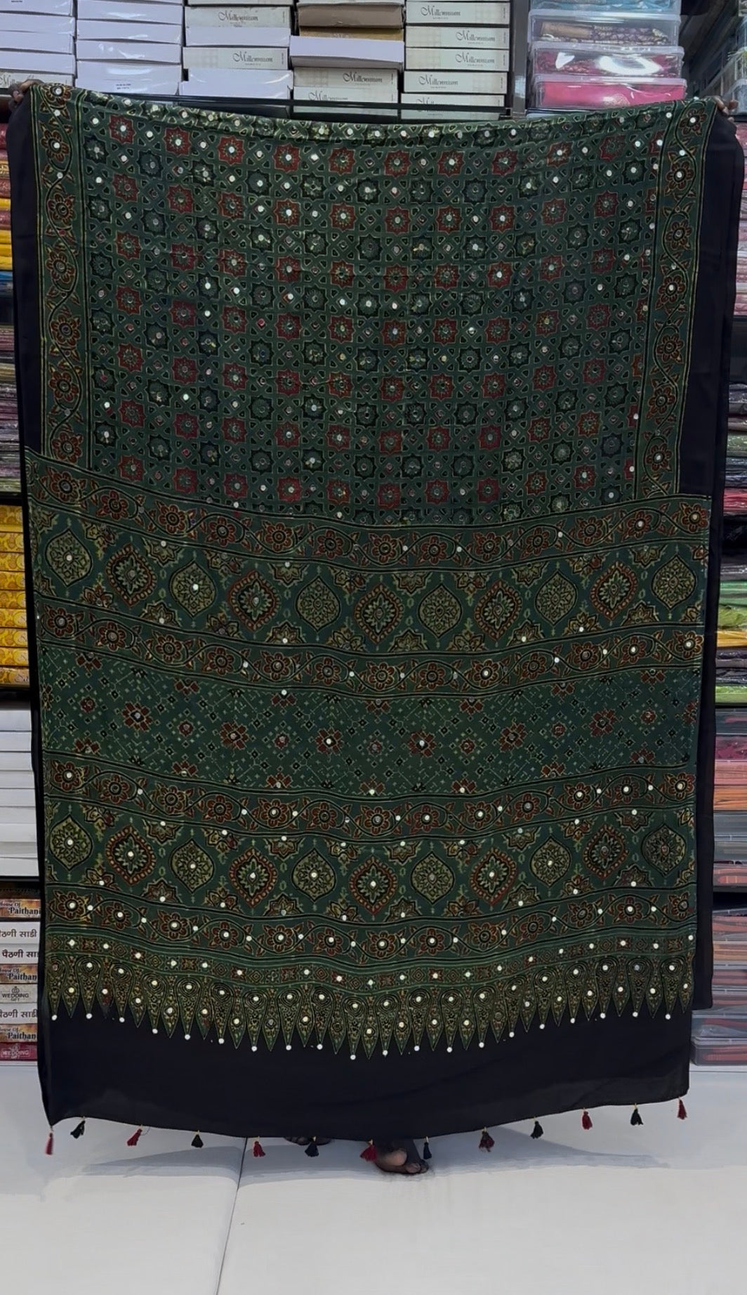 Green Sopari Mirror Ajrakh Modal Silk Saree (Pre Order - Dispatch Starts 25th June 2026)
