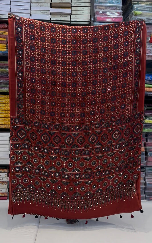 Rust Red Sopari Mirror Ajrakh Modal Silk Saree