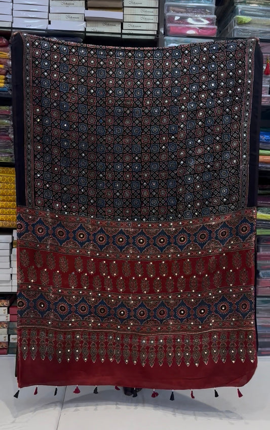 Blue Red Sopari Jalna Mirror Ajrakh Saree